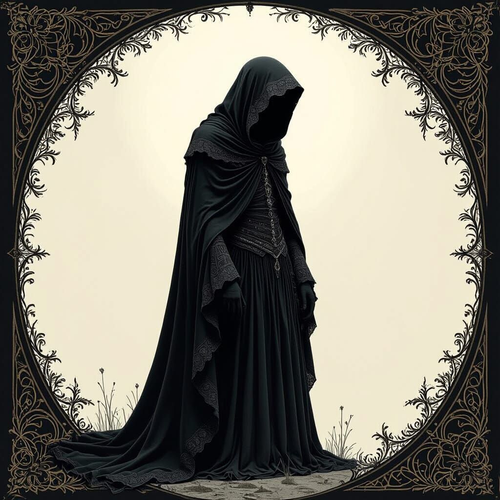 Figure in Somber Attire Amidst Whispered Darkness