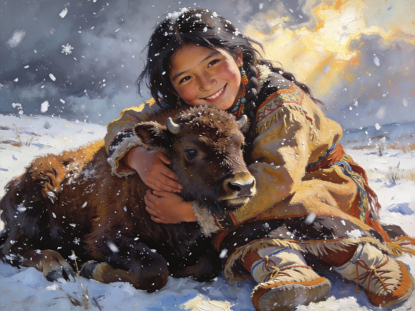 Indigenous Girl Hugs Baby Buffalo in Snowy Field