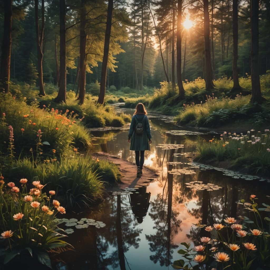 Woman Walks Forest Path at Sunset: Cinematic Film Still