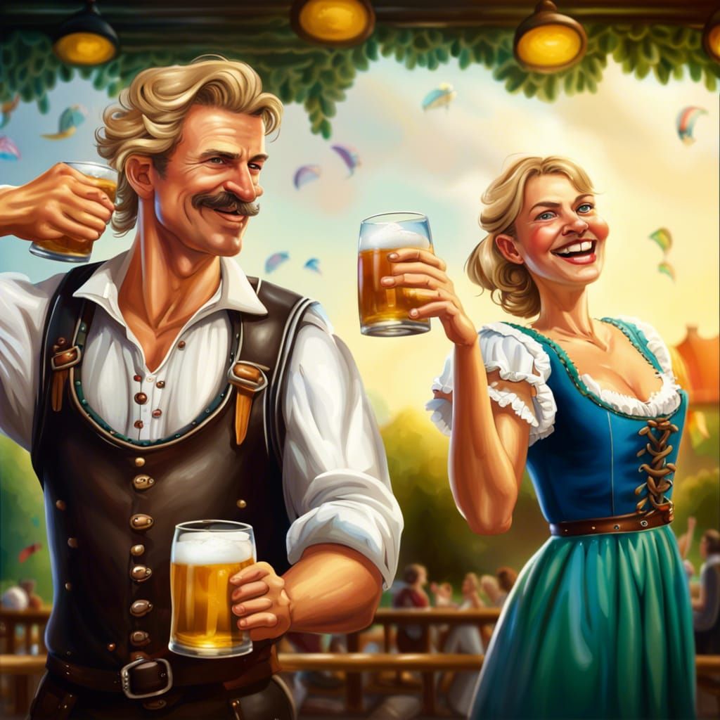 Bavarian Couple Celebrating with Beer Mugs