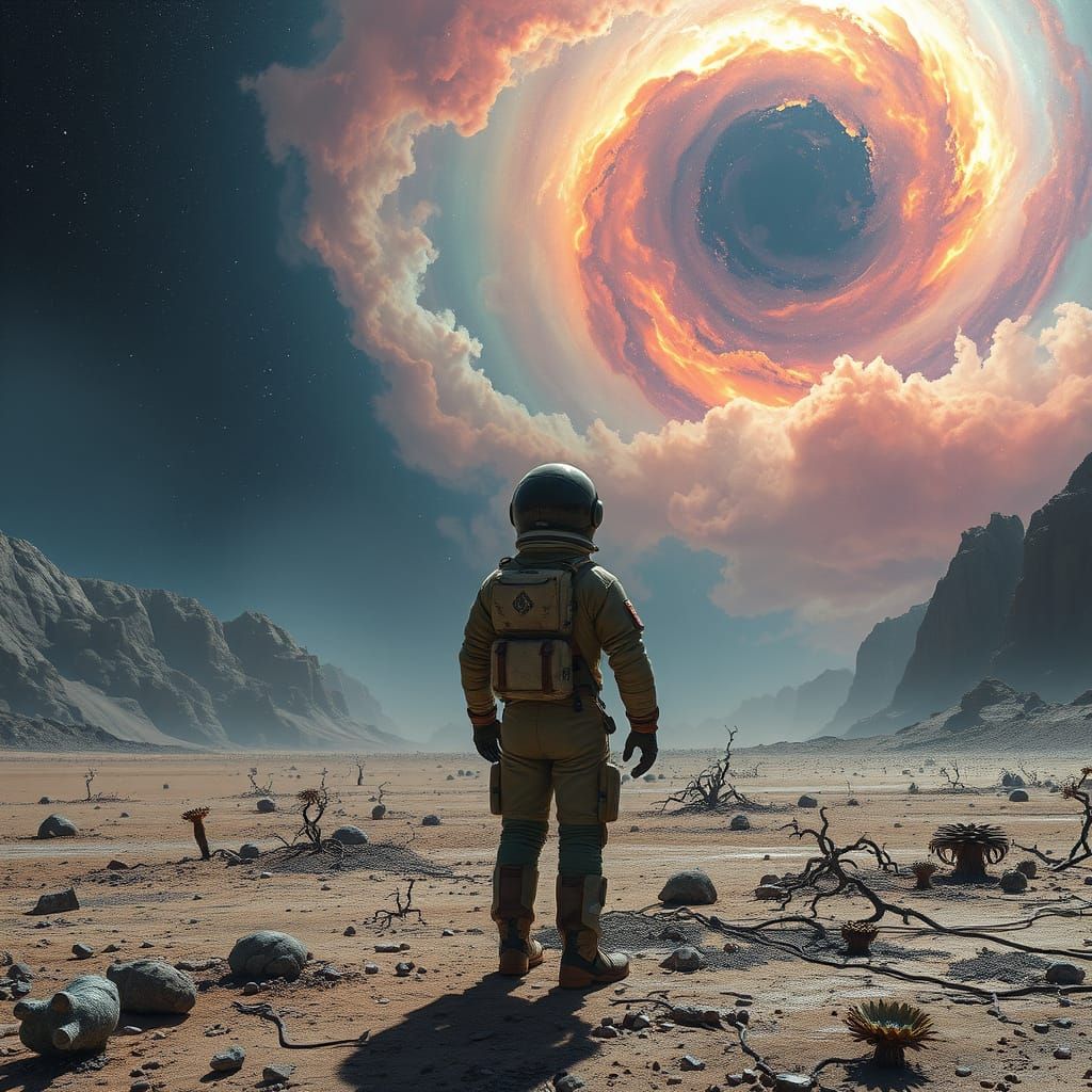 A lone astronaut Contemplates Cosmic Beauty on a Barren Alie...
