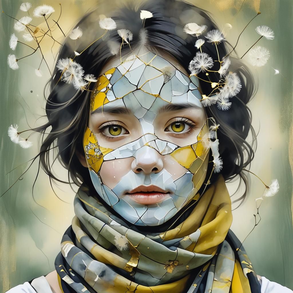 Fragile Asian Woman Portrait with Scarves and Kintsugi