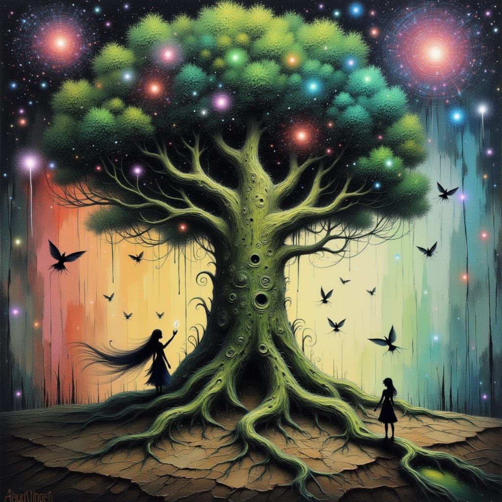 Ancient Galaxy Tree with Fairies and Elves