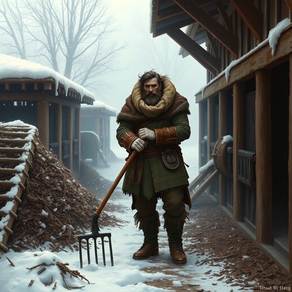 Hearty Stablehand Stands Ready Amidst Winter's Toil
