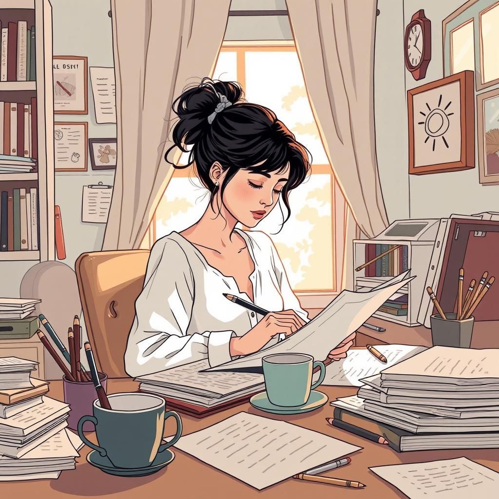 Focused Woman in Cozy Home Office, Gothic Romantic Style