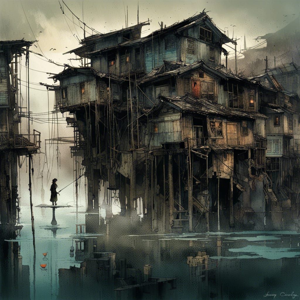 Sinister Dilapidated Fishing Village at Night