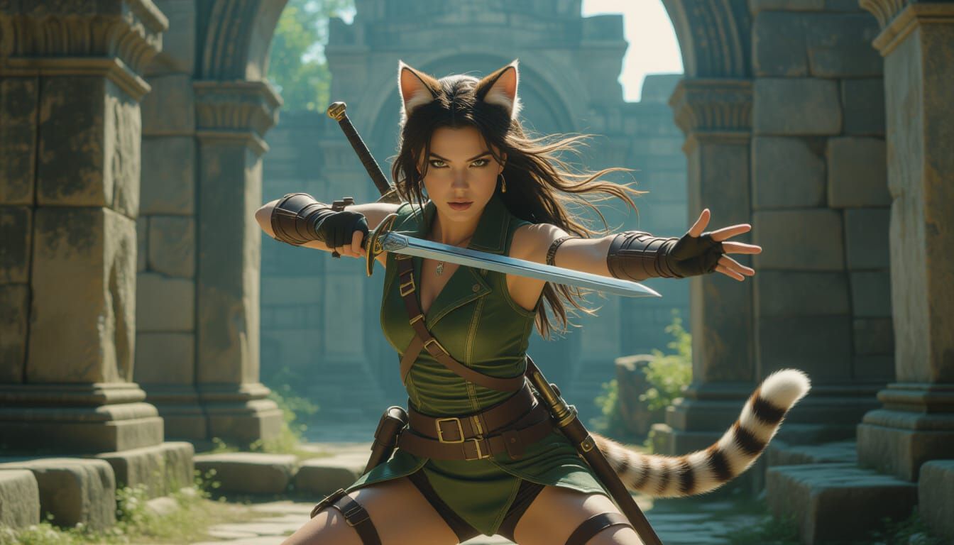 Feline Ranger Amidst Ancient Ruins in Cinematic Style