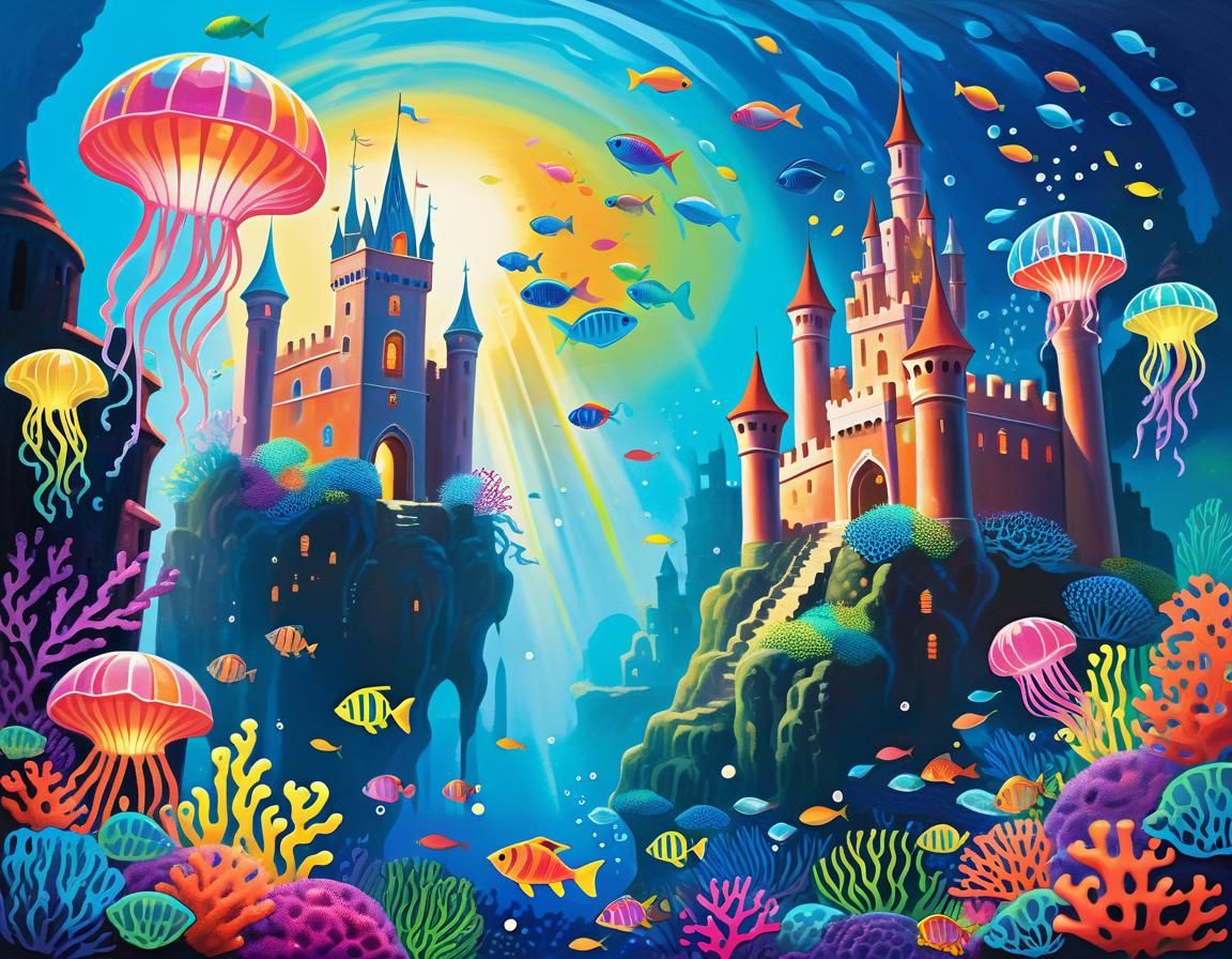 Underwater Castle Surrounded by Reef: Naive Surrealist Art