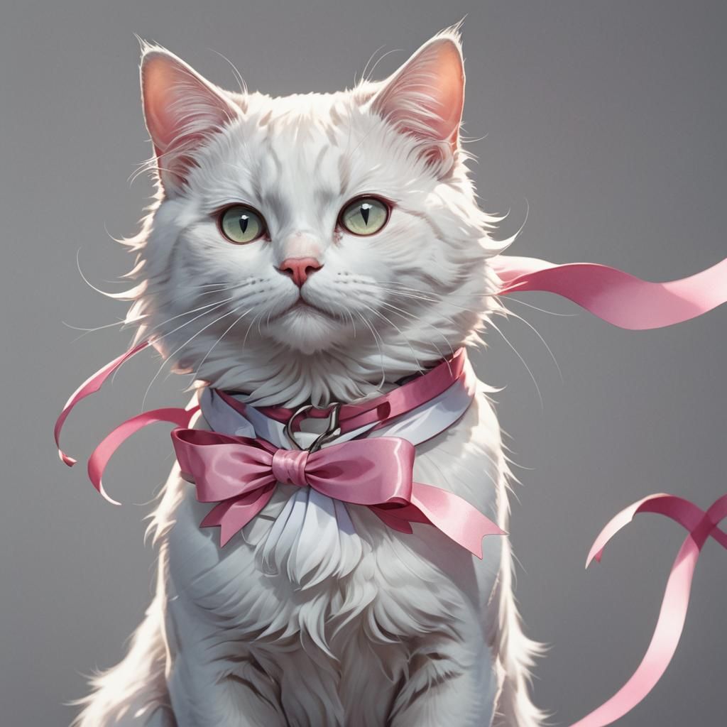 Anime Style White Cat with Pink Ribbon
