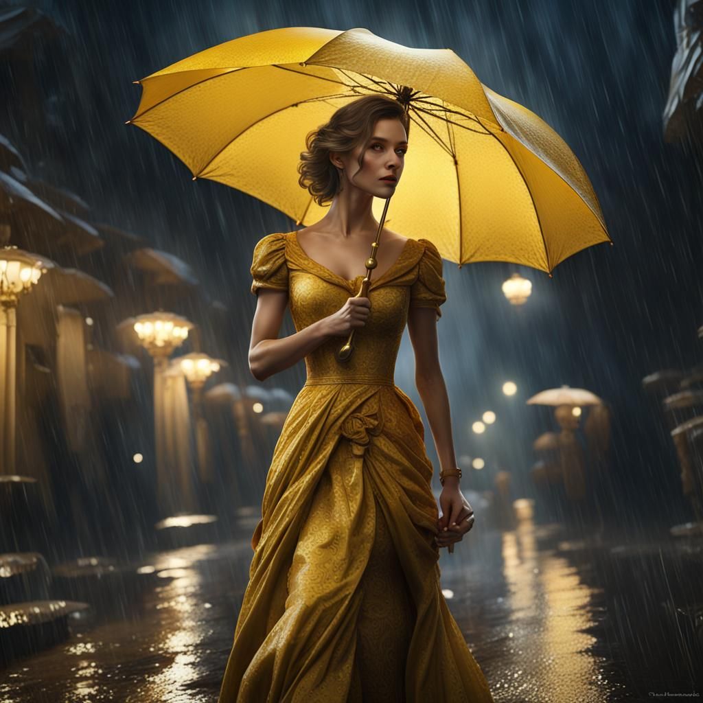 Woman with Yellow Umbrella in Sparkling Rain
