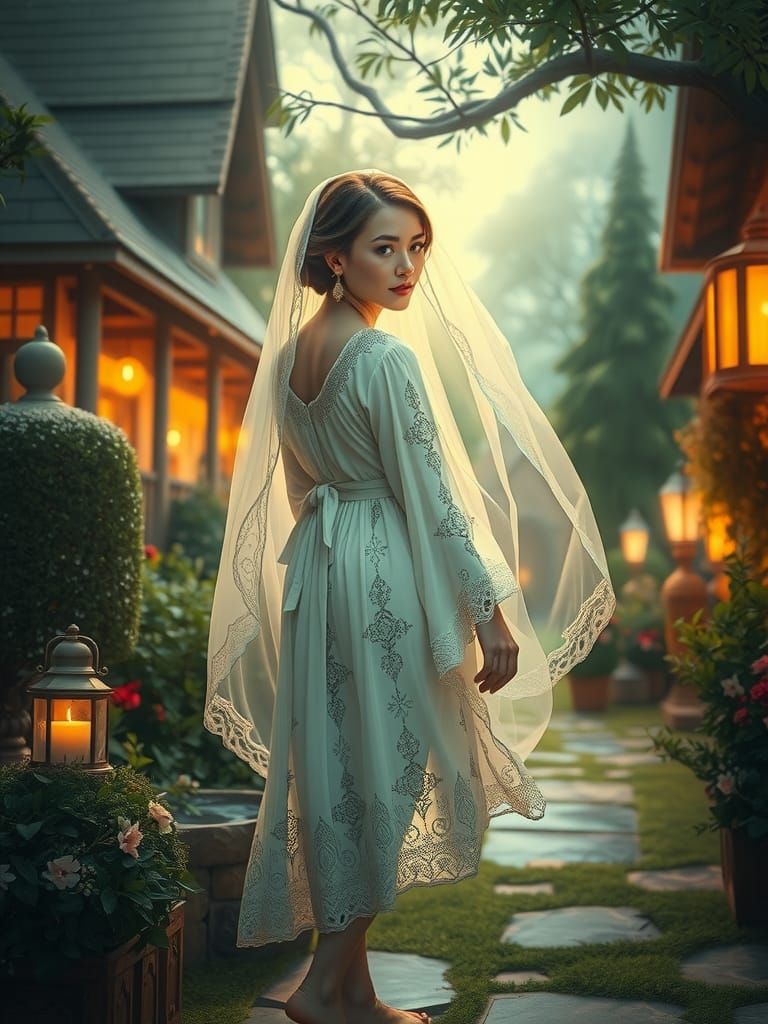Luminous Woman in Ethereal Thomas Kinkade Landscape