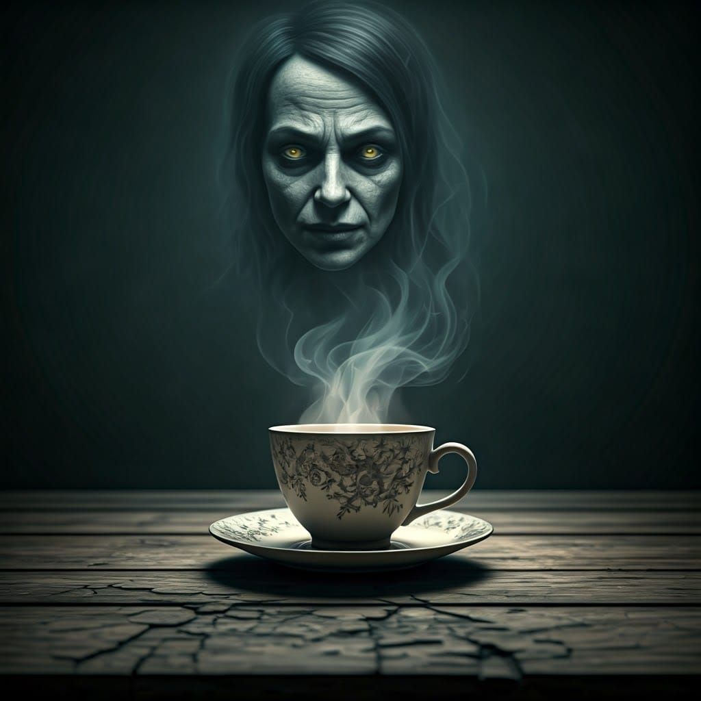 Ghostly Woman Emerges from Steaming Teacup