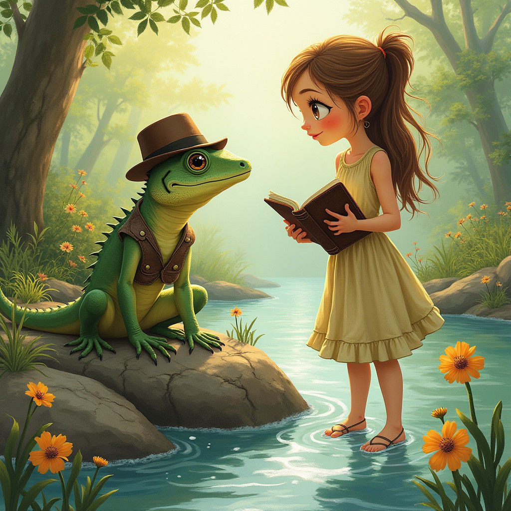 Lizard Converses with Woman in Watercolor Painting