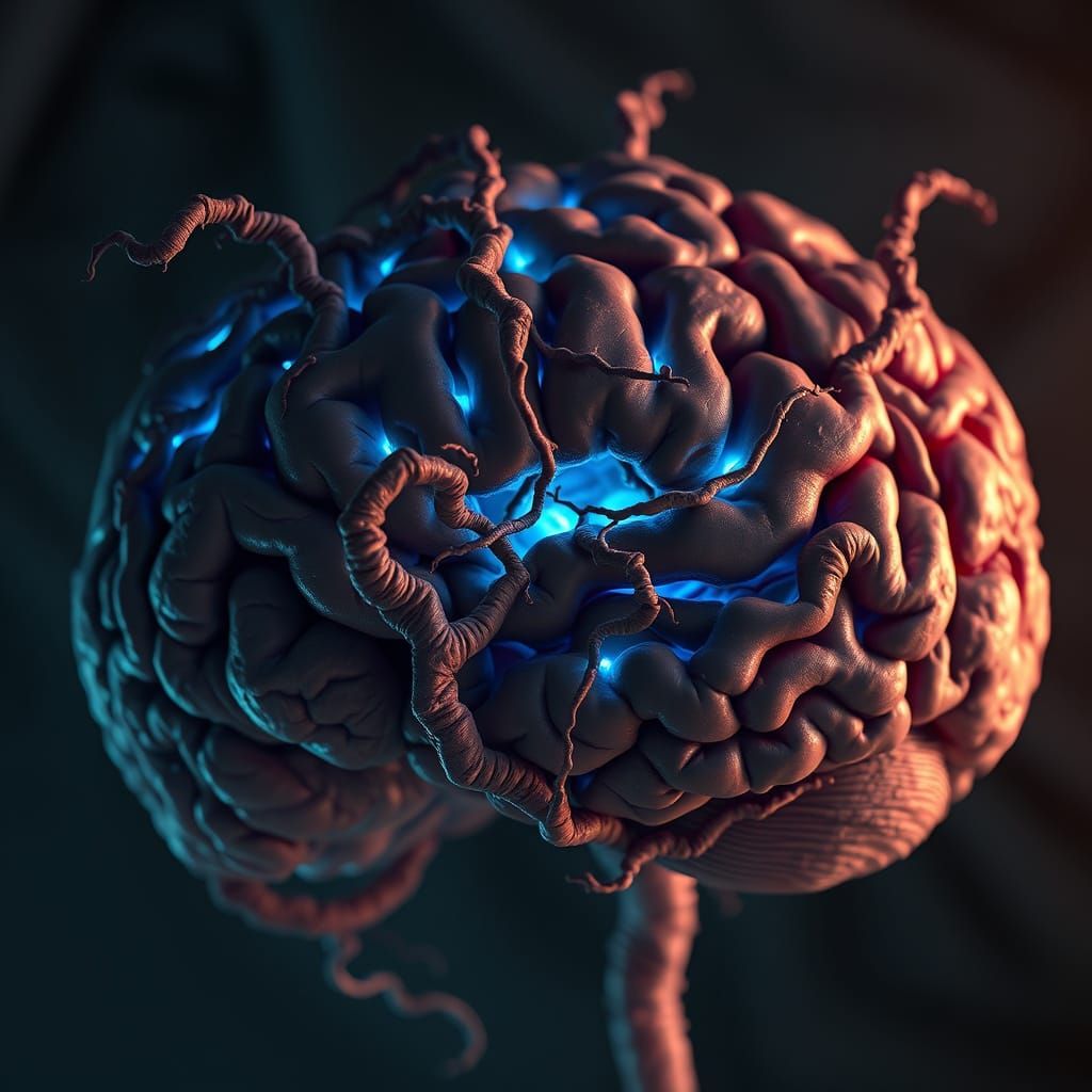 Hyperrealistic Brain Matter in Dark, Moody Atmosphere