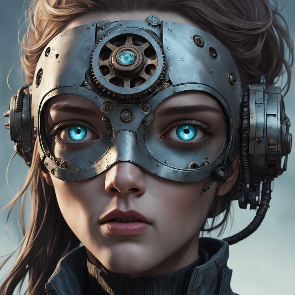 Futuristic Young Woman with Mechanical Mask in Neutral Gray...