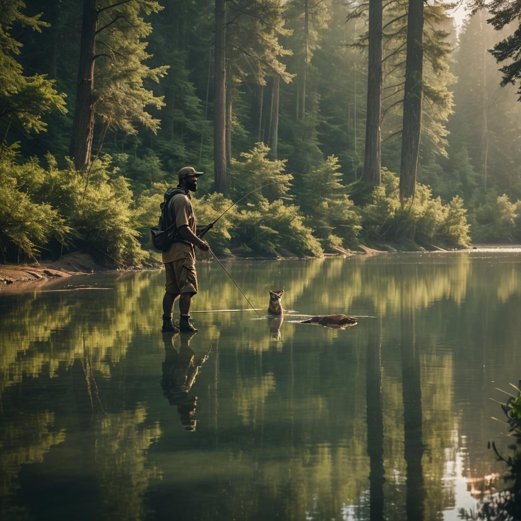 Lebron James Fishing in Lush Forest, Cinematic Film Still