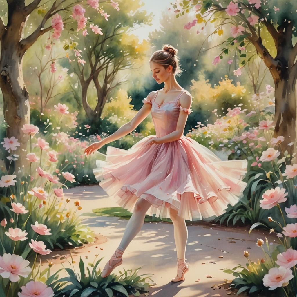 Pink Ballerina Twirls in Impressionist Watercolor Garden