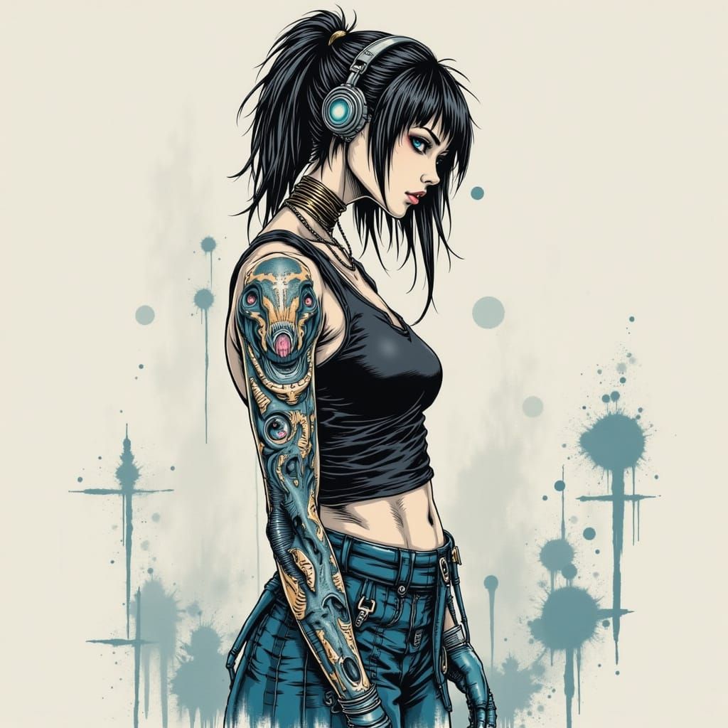 Cyborg Woman with Koi Tattoos in Giger Style