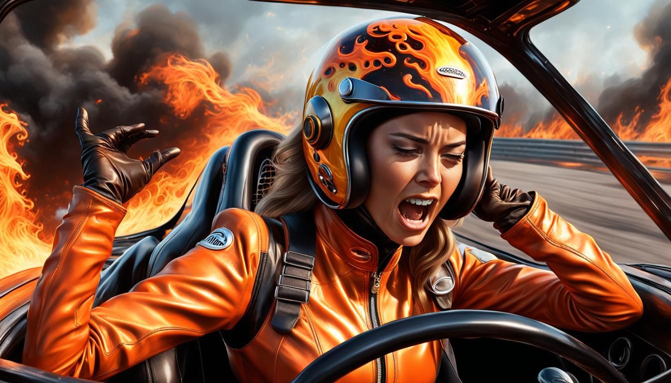 Girl in Burning Race Car: Hyperrealistic Concept Art