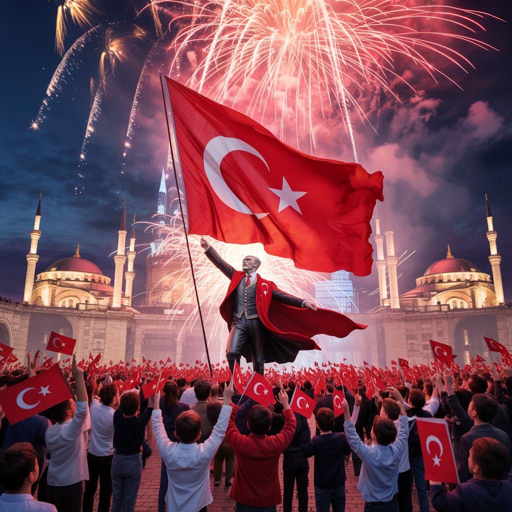 Turkish Republic Day Celebration with Fireworks and Atatürk