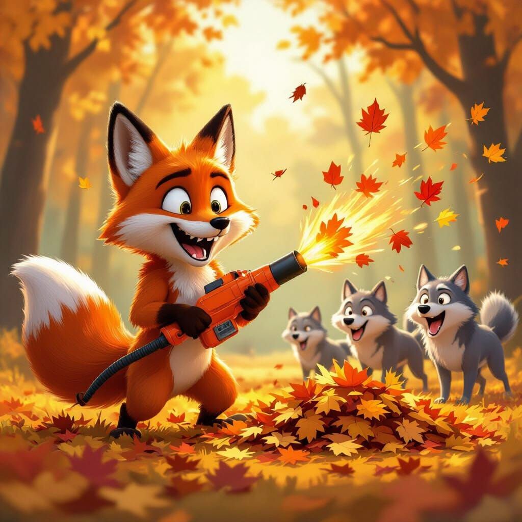 Fox Blasts Leaves at Wolves in Cartoon Style