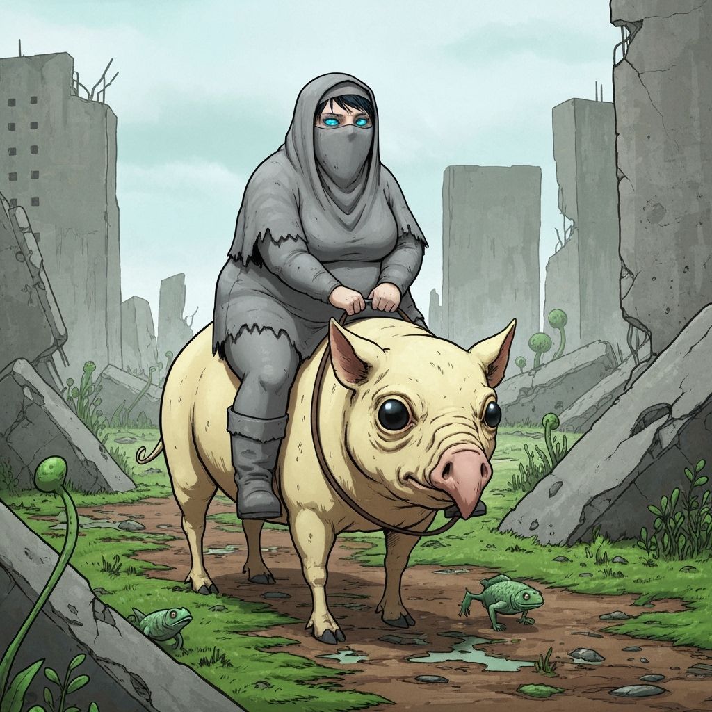 Woman Rides Creature Through Swamp Ruins in Comic Style
