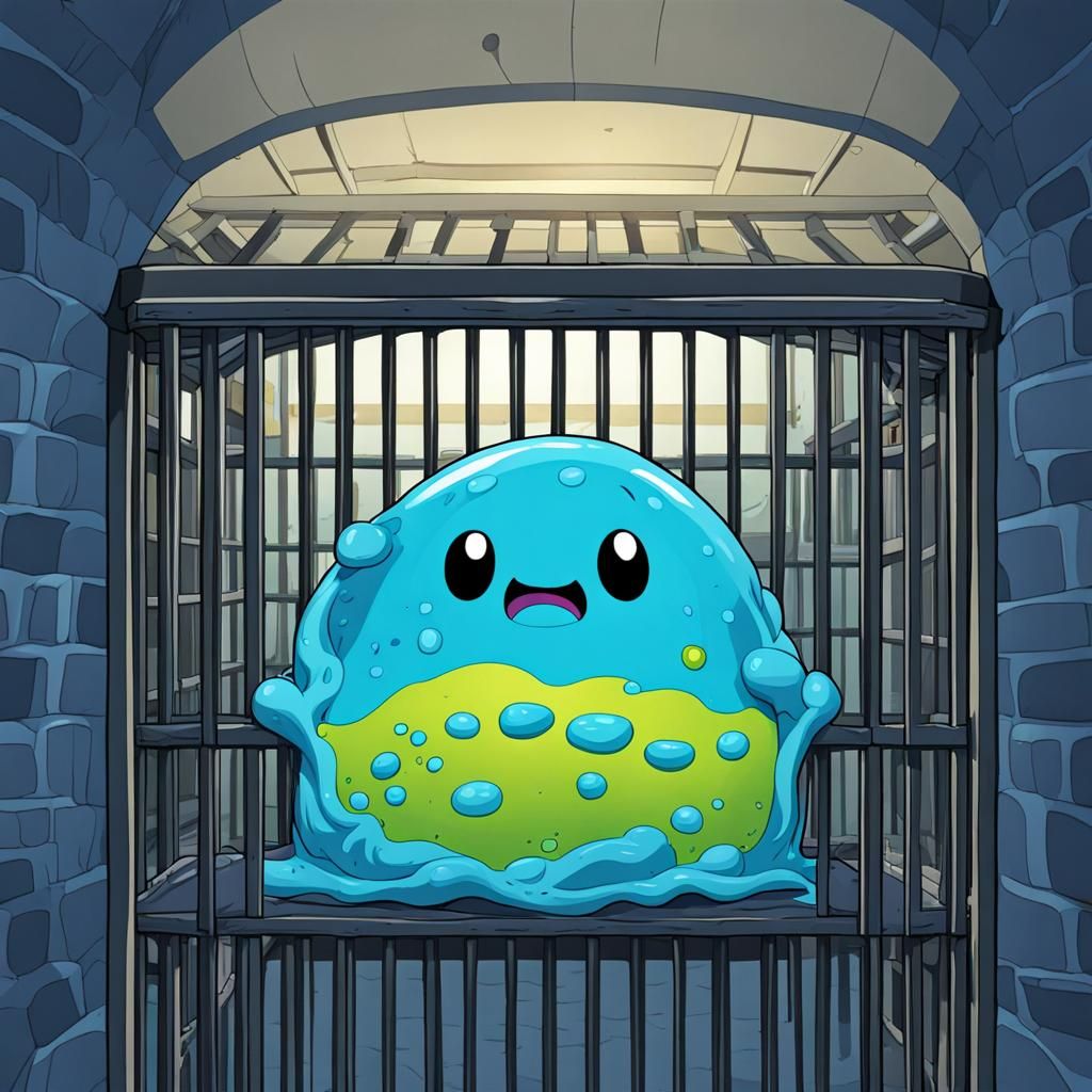 Cartoon Blue Slime in Prison Cell