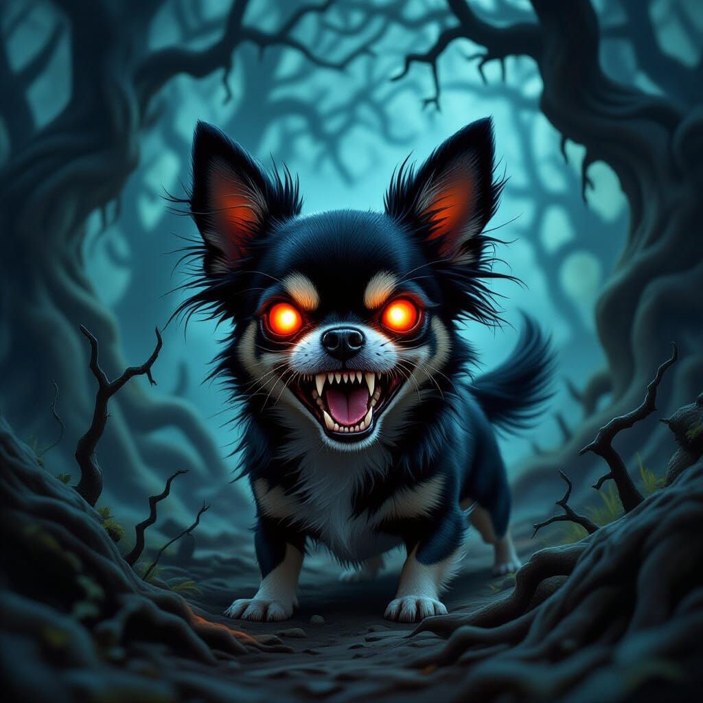 Terrifying Three-Eyed Chihuahua in Dark Fantasy Style