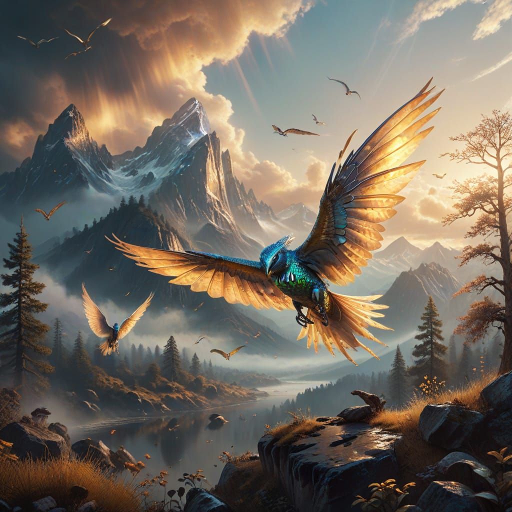 Ethereal Landscape with Glimmering Creatures, Digital Painti...
