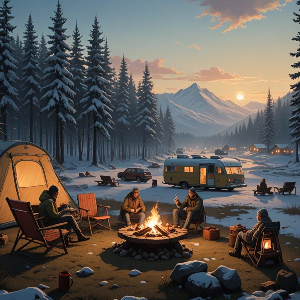 Winter Wonderland Camping Scene with Two Anthropomorphized C...
