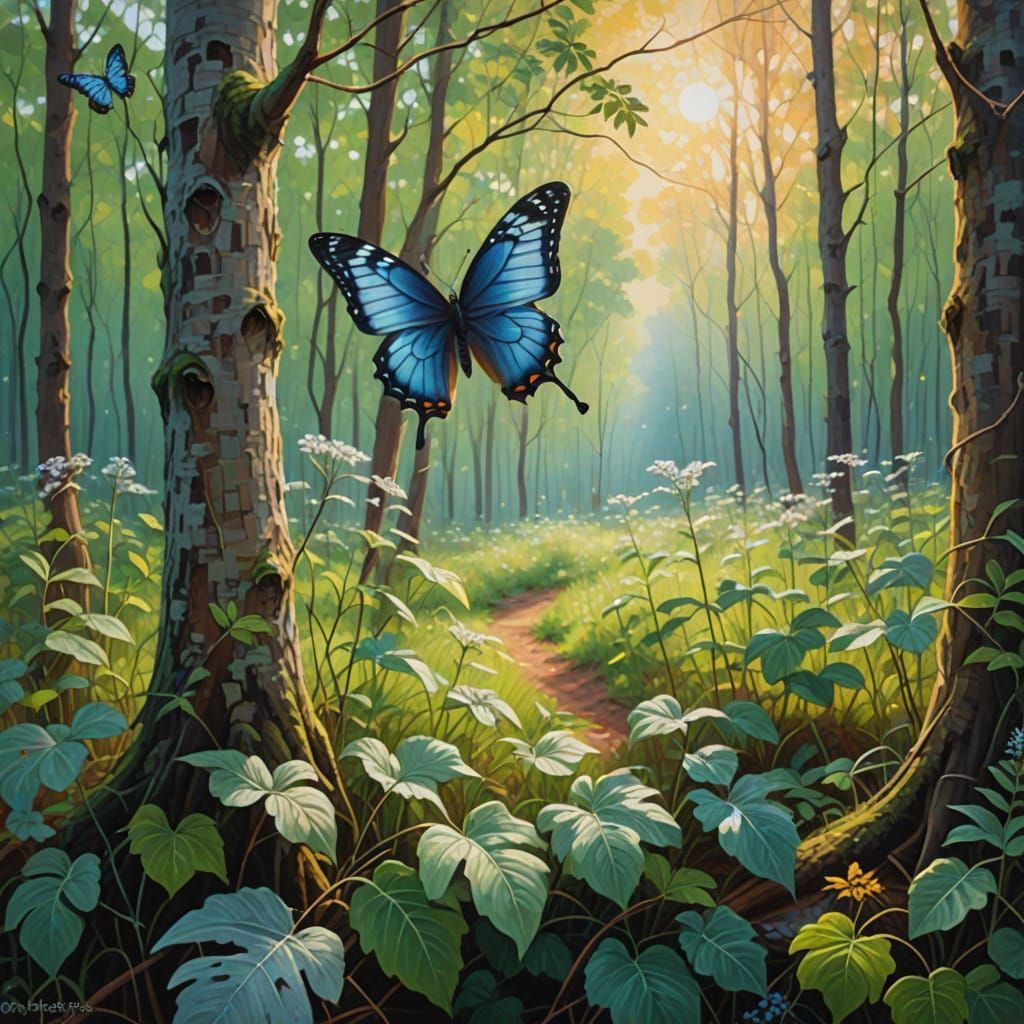Whimsical Forest Clearing with Butterfly and Spider's Web in...