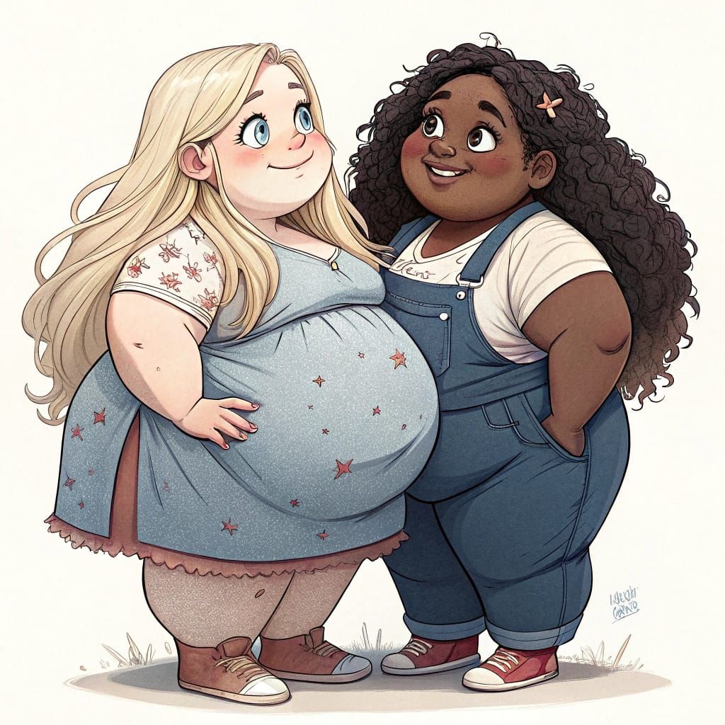 Two Obese Girls in Comic Book Style Art