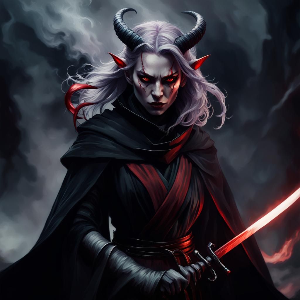 Tiefling Warrior Portrait in Dark Fantasy Style