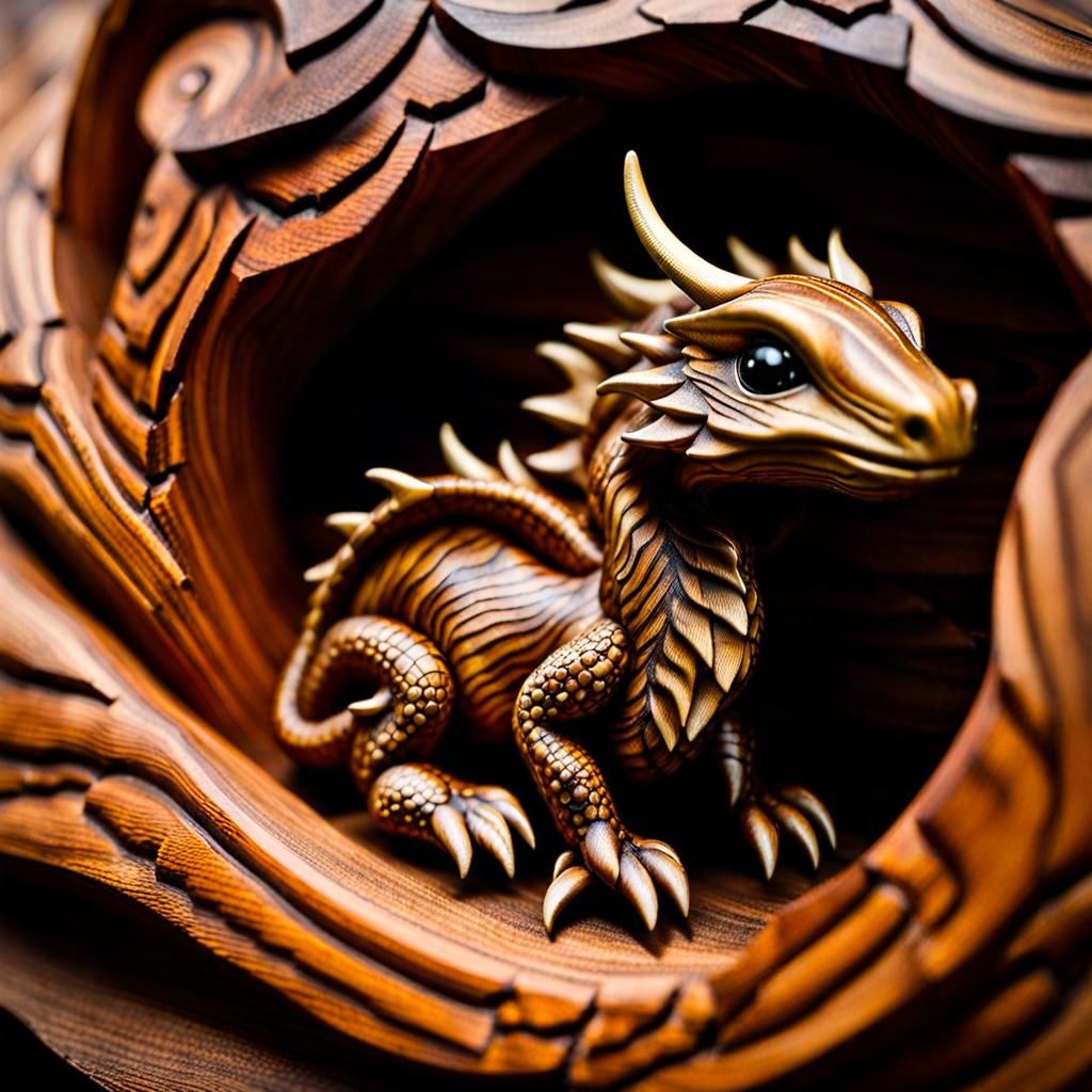 Ornate Wooden Dragon Hatchling Microportrait