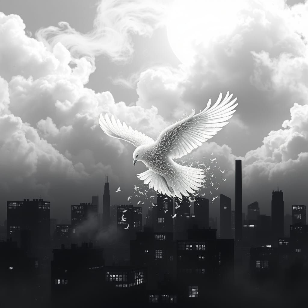 Luminous Bird Ascends from Shadow City