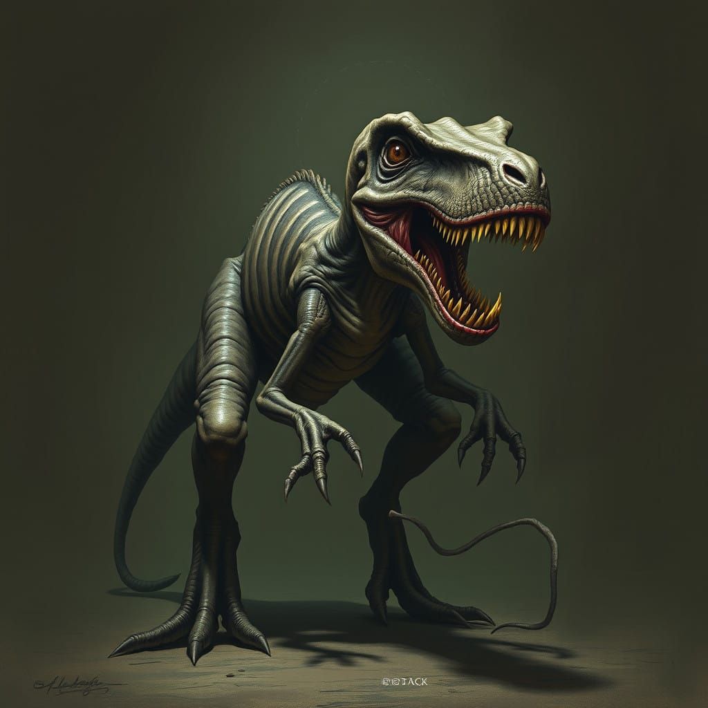 Grotesque Velociraptor in Dark, Muted Horror Art