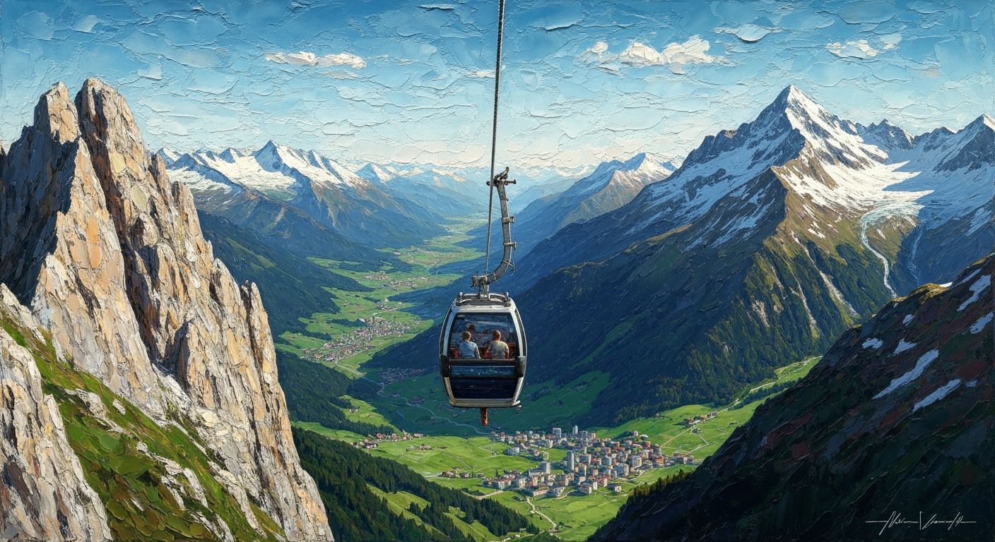 Textured Impasto Oil Painting of Swiss Alps Gondola Descent