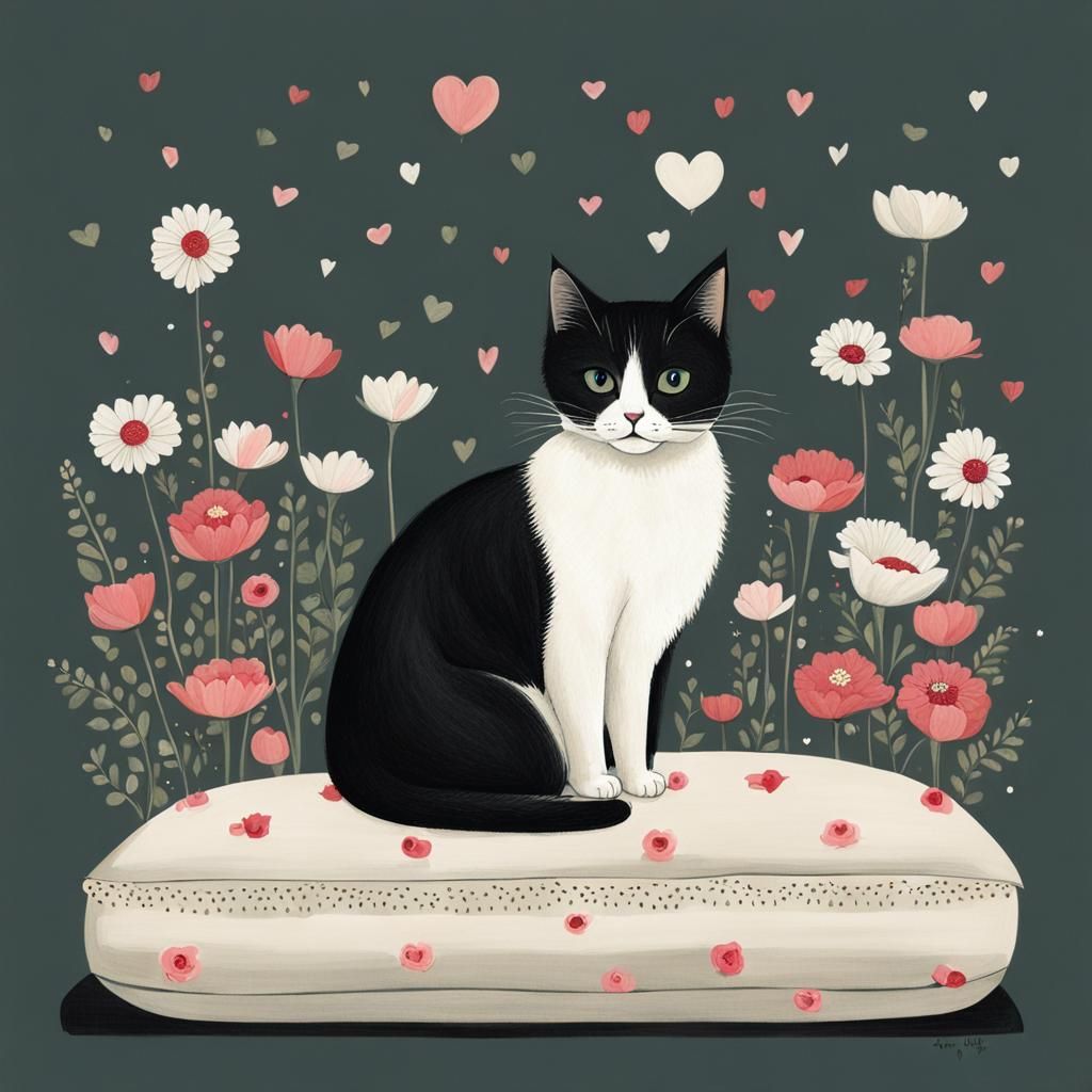 Cute Cat Surrounded by Flowers: Mystical Art