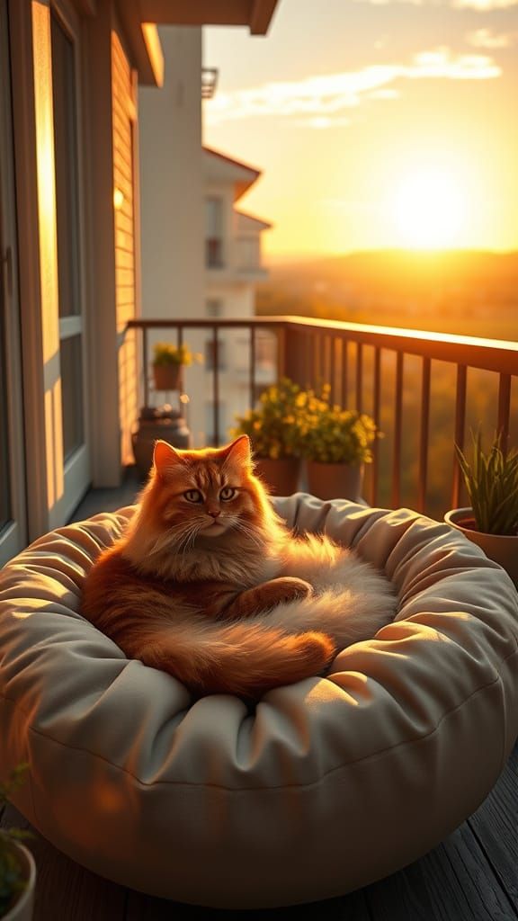Fluffy Cat Rests in Plush Pillow Bed on Balcony