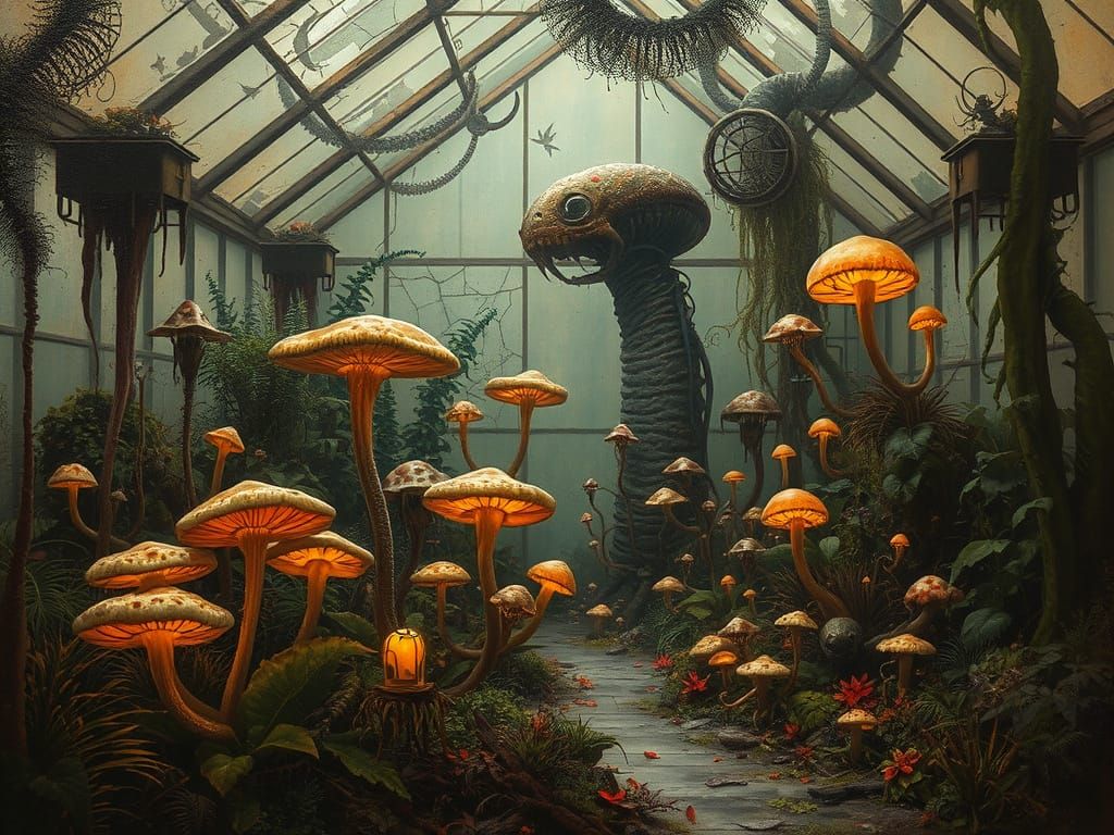 Biopunk Garden in Decaying Greenhouse as Dark Fantasy