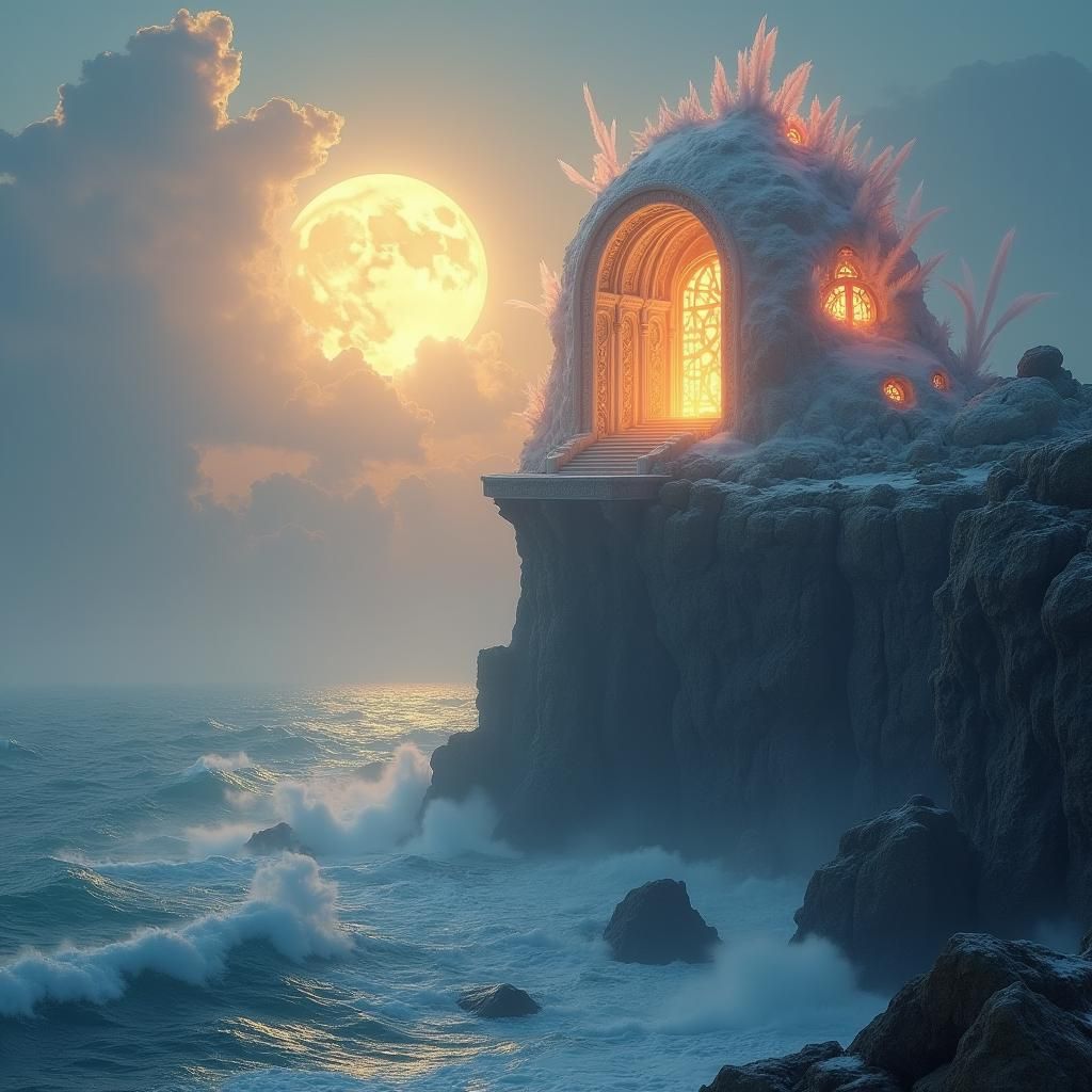 Ethereal Fantasy Monolith Over Moonlit Ocean