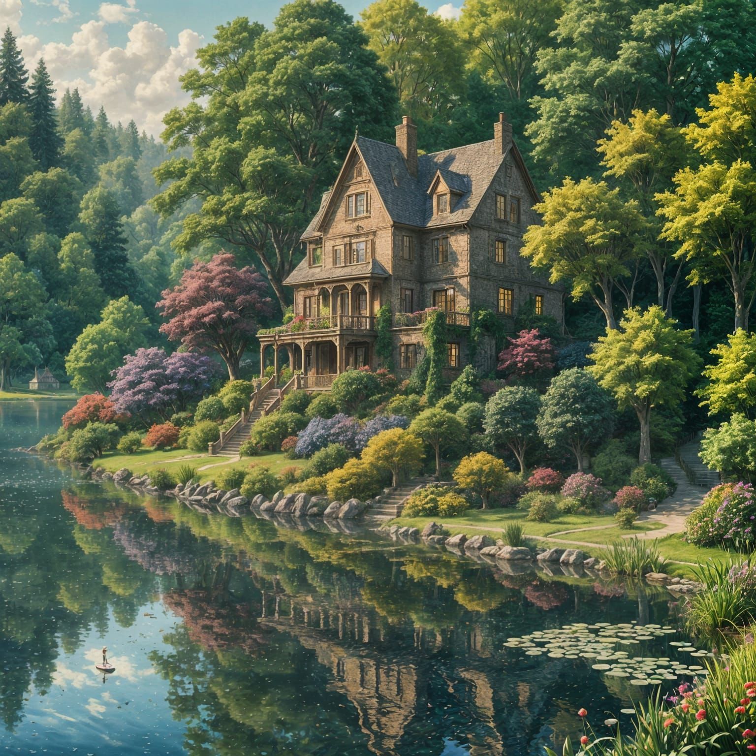 Pointillist Lake House in Summer