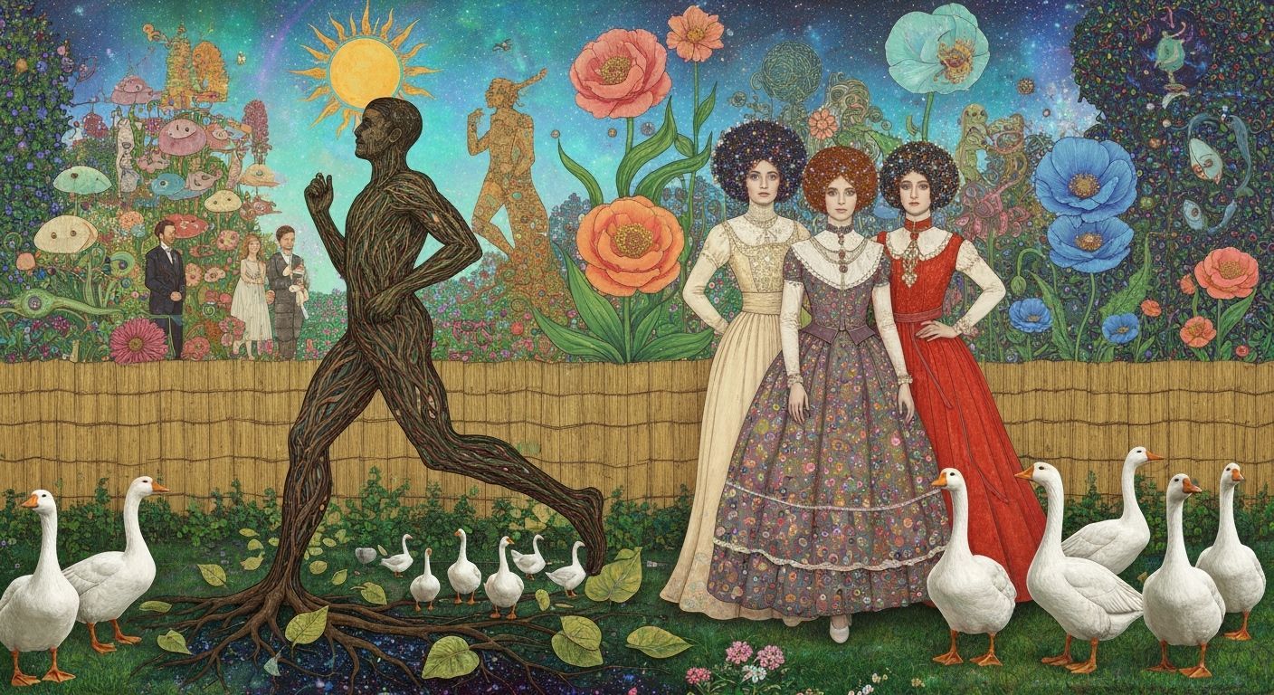 Folkloric Robot and Twins in Surreal Eco-Garden