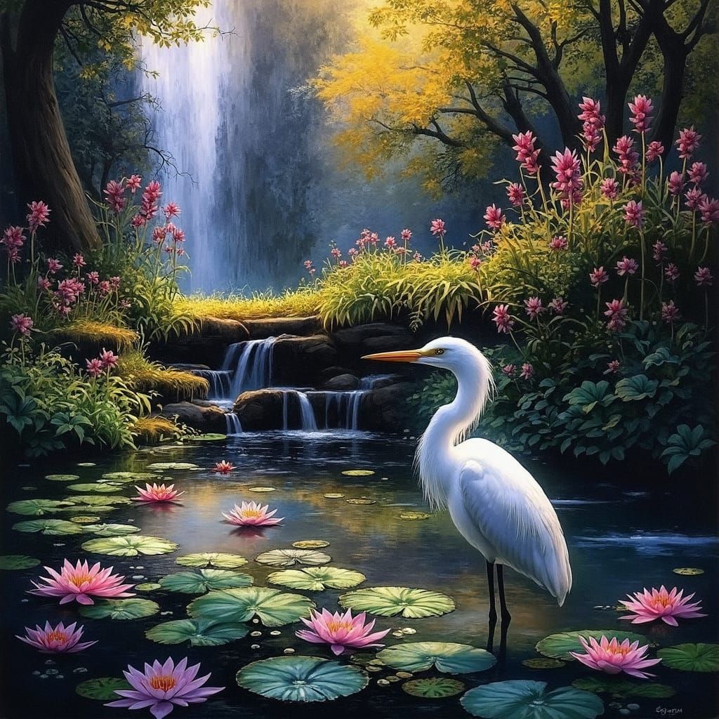 Ethereal Egret in Autumn Lily Pond