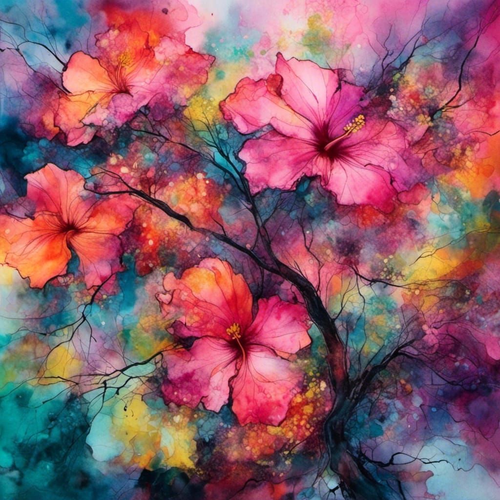 Vivid Watercolor Hibiscus Tree with Alcohol Ink Effects