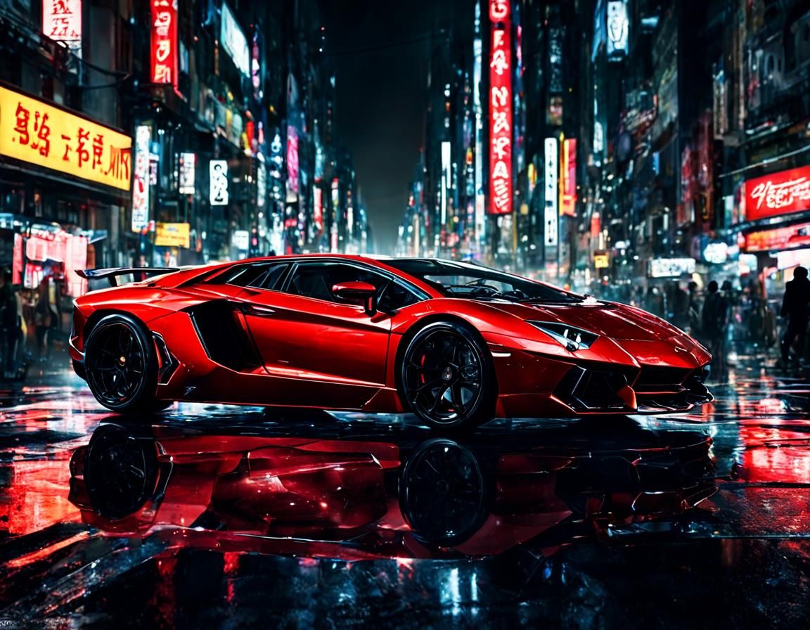 Cyberpunk Lamborghini Aventador Roaring Through City
