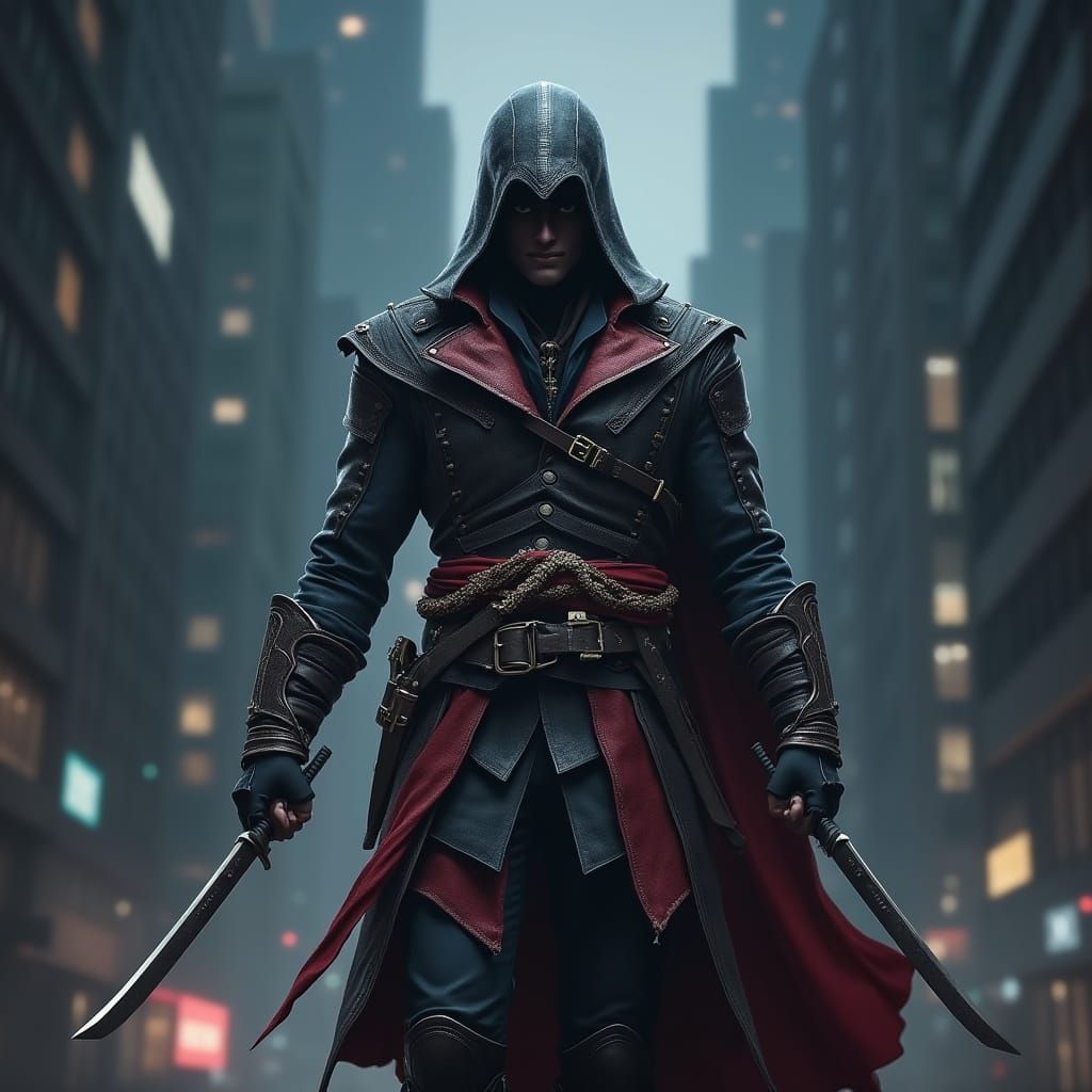 Hyper-Realistic Assassin in Modern Cityscape at Night