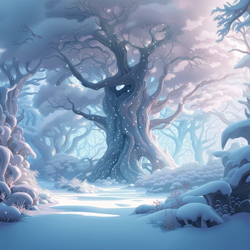 Anime Girl in Bioluminescent Snow Forest Landscape