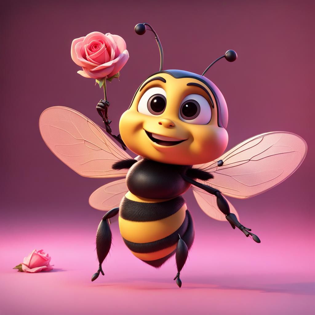 Bee on Rose: 3D Digital Art in Pixar Style