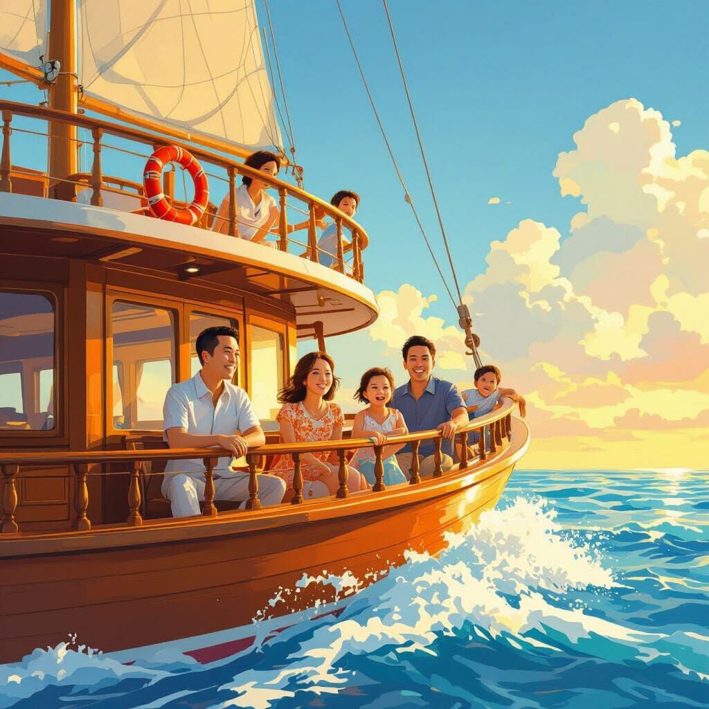 Joyful Family Boat Trip on South China Sea